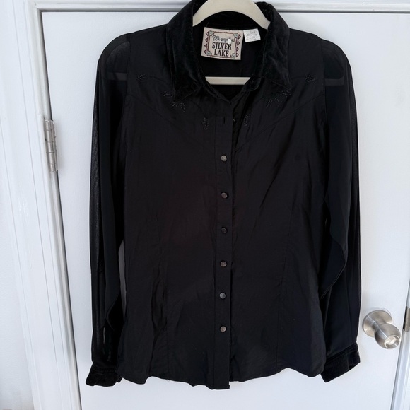 VTG WRANGLER Silver Lake Western Velvet Sheer Long Sleeve Button Down Top L - Picture 2 of 10